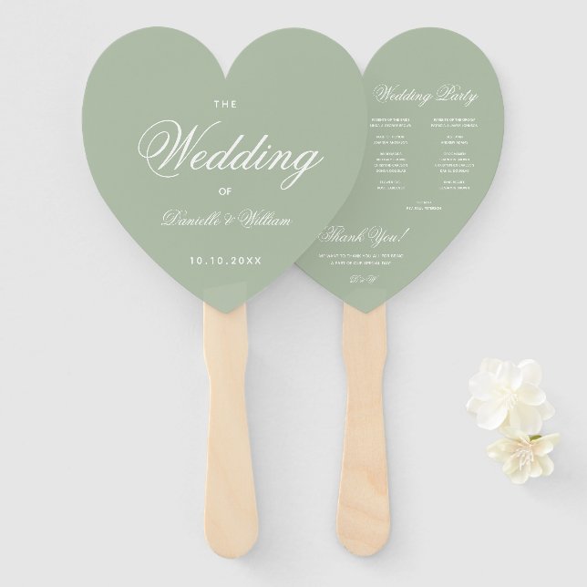 Sage Green Heart Elegant Script Wedding Program Ha Hand Fan (Front and Back)