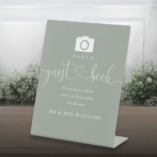 Sage Green Heart Script Photo Guest Book Pedestal Sign