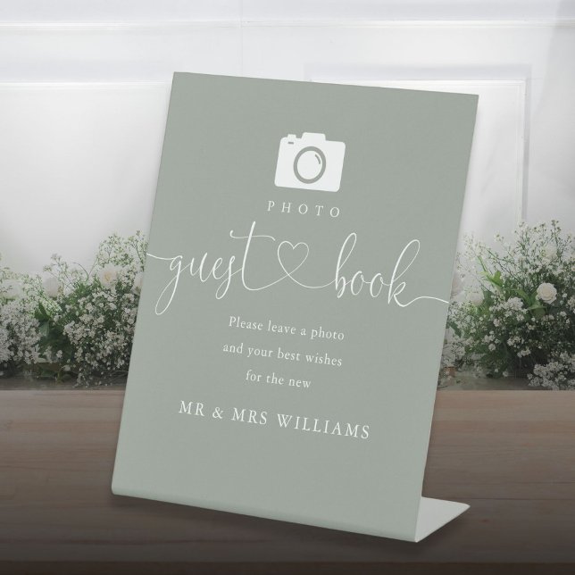 Sage Green Heart Script Photo Guest Book Pedestal Sign (Sage Green Heart Script Photo Guest Book Pedestal Sign)