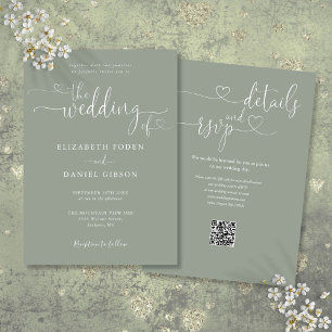 Sage Green Heart Script QR Code Wedding Invitation