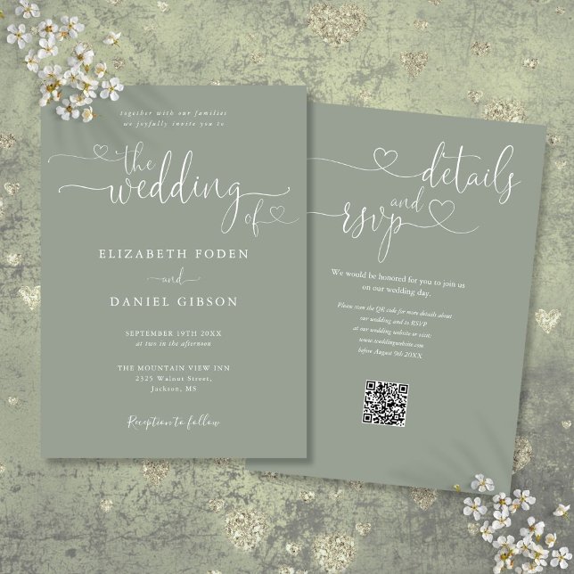 Sage Green Heart Script QR Code Wedding Invitation (Sage Green Heart Script QR Code Wedding Invitation)