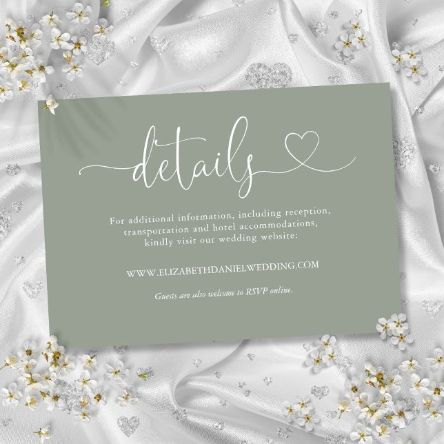 Sage Green Heart Script Wedding Details Enclosure Card (Sage Green Heart Script Wedding Details Enclosure Card)