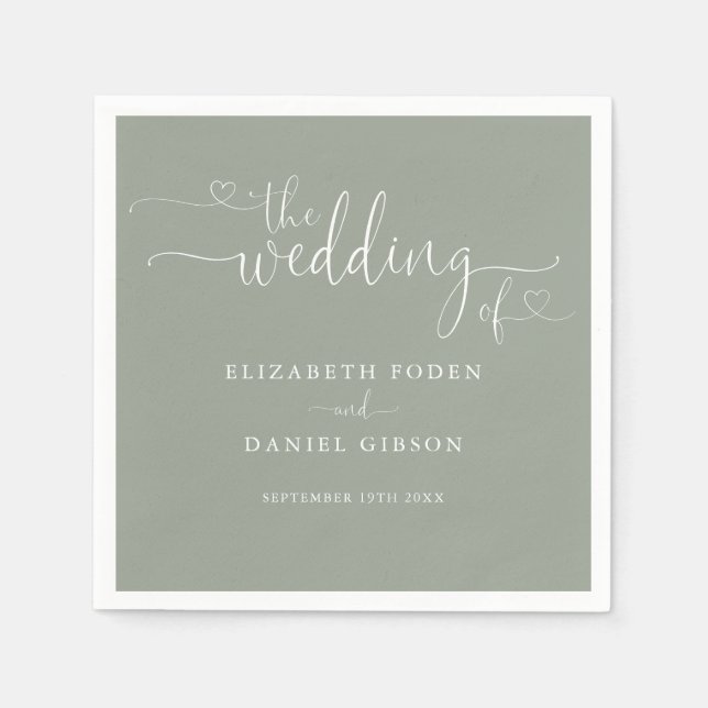 Sage Green Heart Script Wedding Napkin (Front)