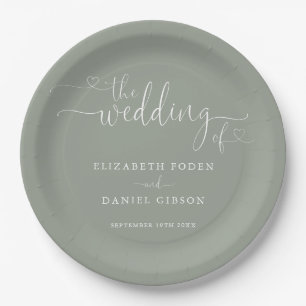 Sage Green Heart Script Wedding Paper Plate