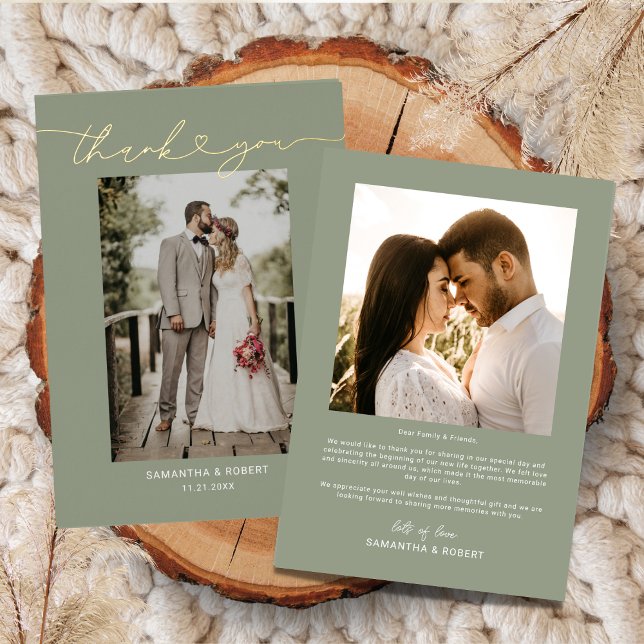 Sage Green Heart Script Wedding Photo Thank You (Creator Uploaded)
