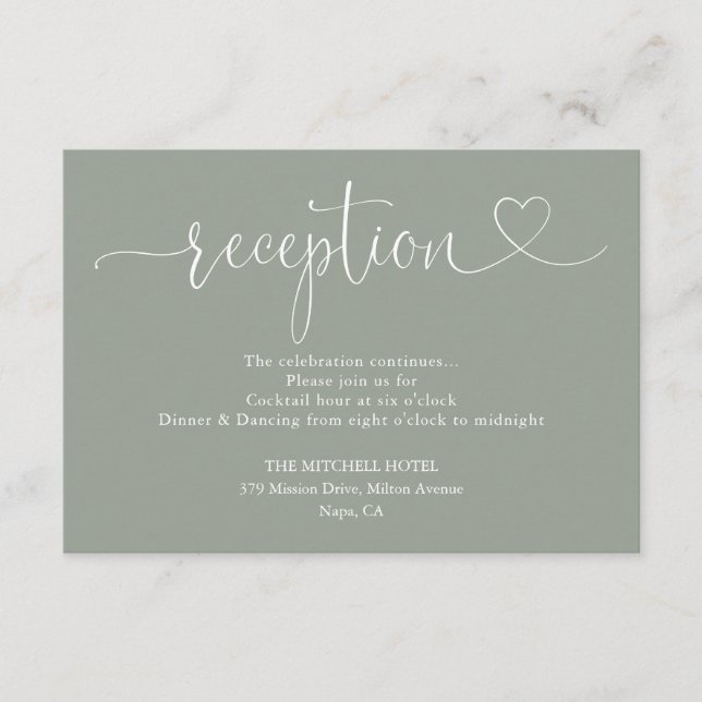 Sage Green Heart Script Wedding Reception Enclosure Card (Front)