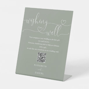 Sage Green Heart Script Wishing Well QR Code Pedestal Sign