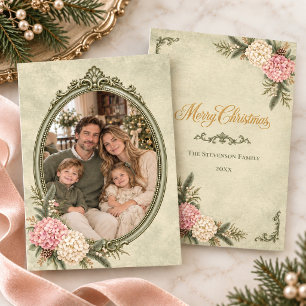 Sage Green Heirloom Hydrangea Christmas Photo Holiday Card