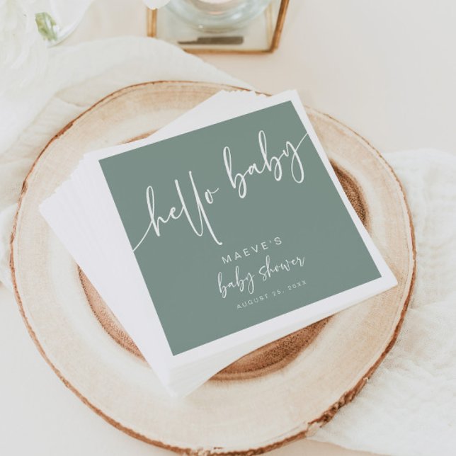 Sage Green Hello Baby Shower Paper Napkins Modern (Creator Uploaded)