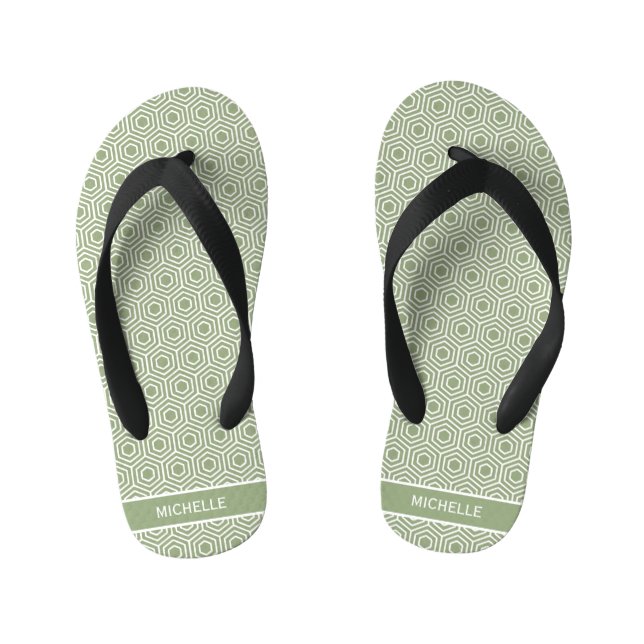 Sage Green Hexagon Honeycomb Pattern Name Kid's Flip Flops (Footbed)