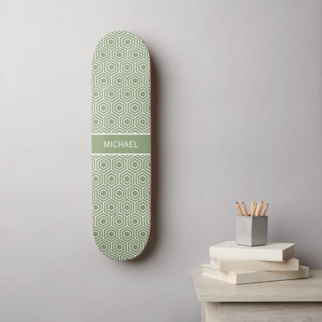 Sage Green Hexagon Honeycomb Pattern Name Skateboard (Wall Art)