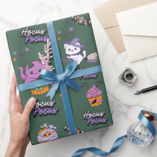 sage green Hocus Pocus cute Witch Cat Halloween Wrapping Paper