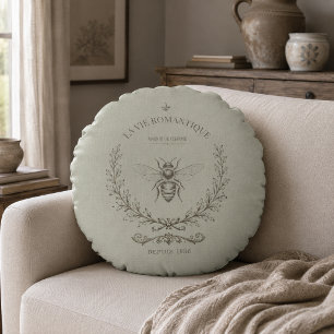 Sage Green Honey Bee Vintage French Country Round Cushion