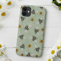 Sage Green Honeybee and Flowers Pattern