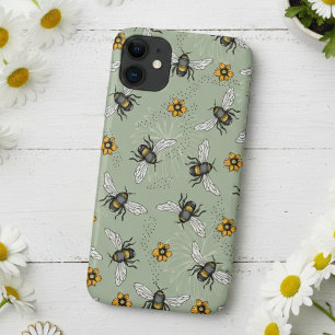 Sage Green Honeybee and Flowers Pattern iPhone 11 Case