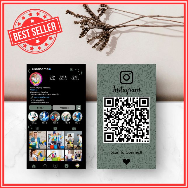 Sage Green Housekeeping Instagram QR Code Business Card (Creator Uploaded)