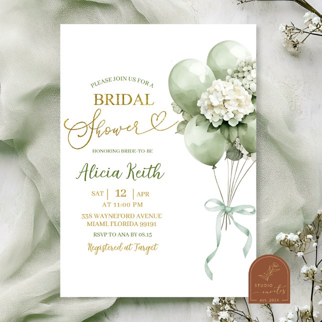 Sage Green Hydrangea Balloon Bridal Shower Invitation (Creator Uploaded)