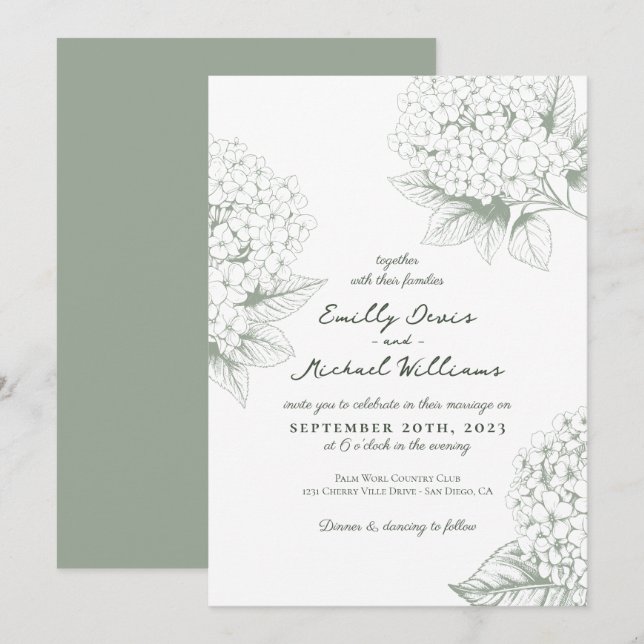 Sage green Hydrangea Floral Wedding Invitation (Front/Back)