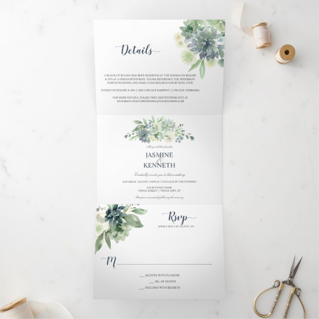 Sage Green Indigo Blue Succulents Wedding Tri-Fold Invitation (Inside)
