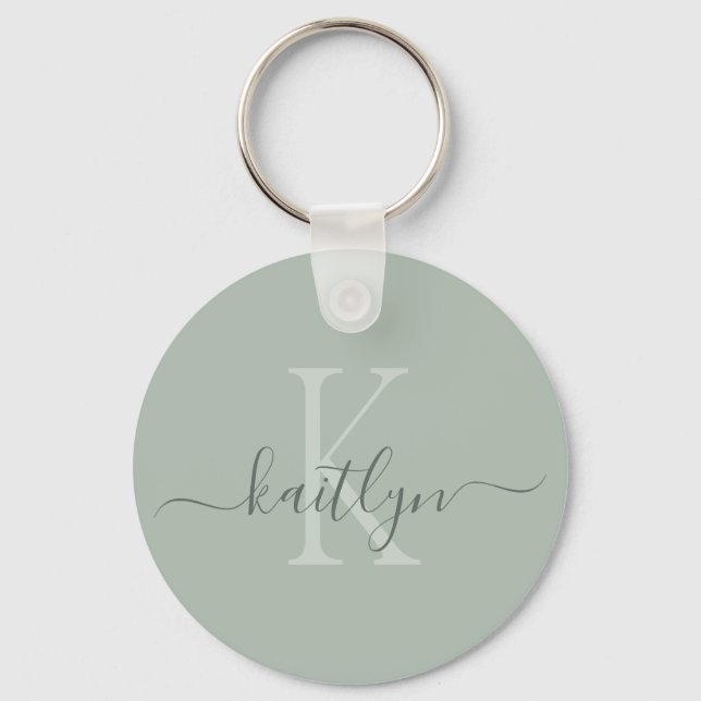 Sage Green Initial Name Monogrammed Key Ring (Front)