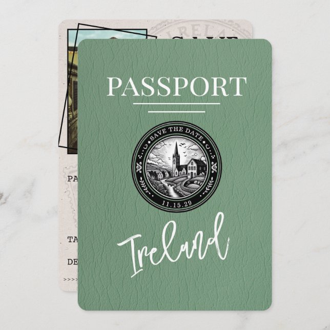 Sage Green Ireland Passport Save The Date (Front/Back)