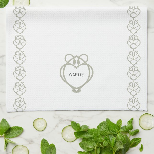 Sage Green Irish Celtic Swan Love Knot Family Name Tea Towel (Folded)
