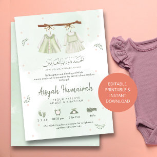 Sage Green Islamic Baby Birth Announcement Card