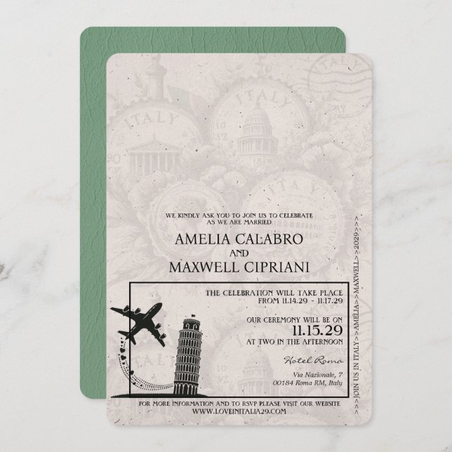 Sage Green Italy Passport Wedding Invitation (Front/Back)