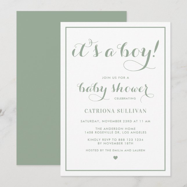 Sage Green It's a Boy Calligraphy Baby Shower Invitation (Front/Back)