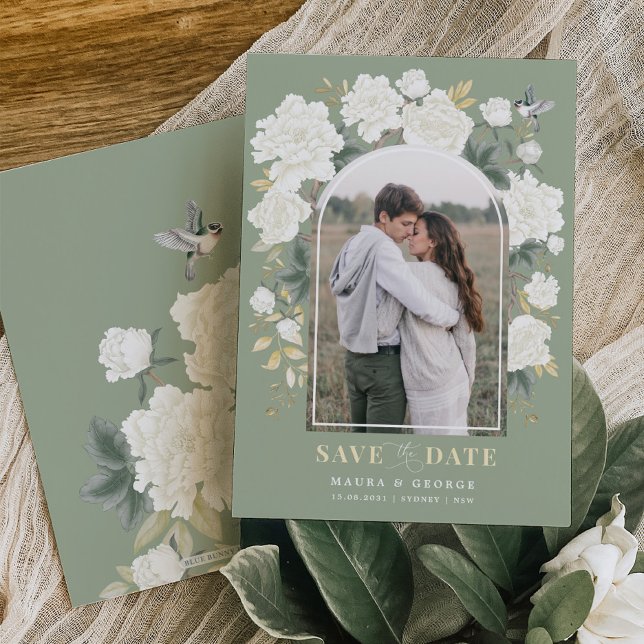 Sage Green Ivory Chinoiserie Floral Save the Date Invitation (Creator Uploaded)