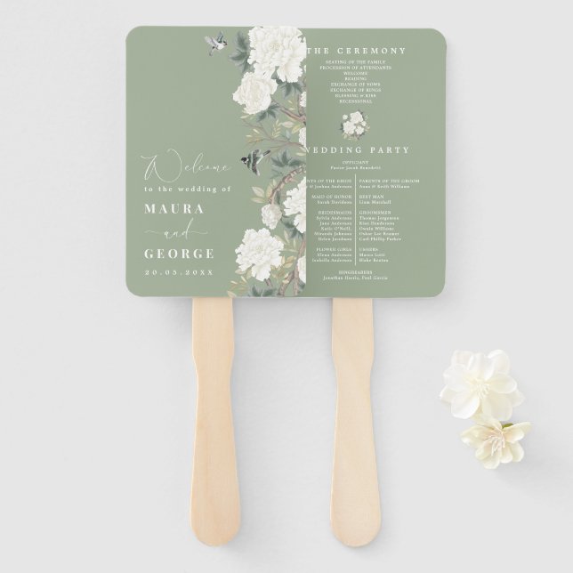Sage Green Ivory Chinoiserie Wedding Program Hand Fan (Front and Back)