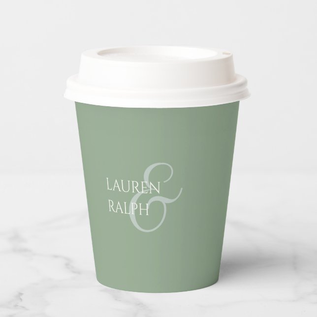 Sage Green & Ivory Couple Monogram Thank You Paper Cups (Front)