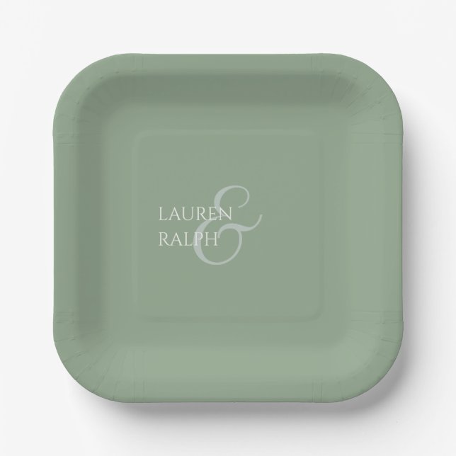 Sage Green & Ivory Couple Monogram Thank You Paper Plate (Front)