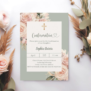 Sage green ivory dusty rose florals Confirmation Invitation