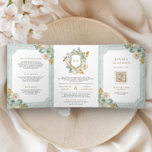 Sage Green Ivory Floral All in One Crest Wedding Tri-Fold Invitation
