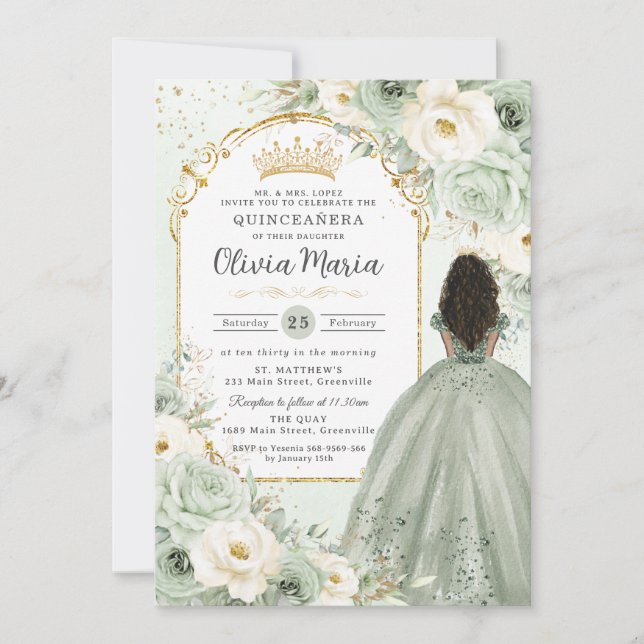 Sage Green Ivory Floral Brown Girl Quinceañera  Invitation (Front)