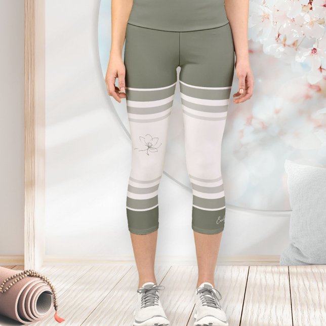 Sage Green Ivory Floral Line Art Athletic Stripes Capri Leggings (Minimalist Floral Line Art Zen Sage Green Ivory Capri Leggings ©Susanne Sachers - Sunny Wanderlust )