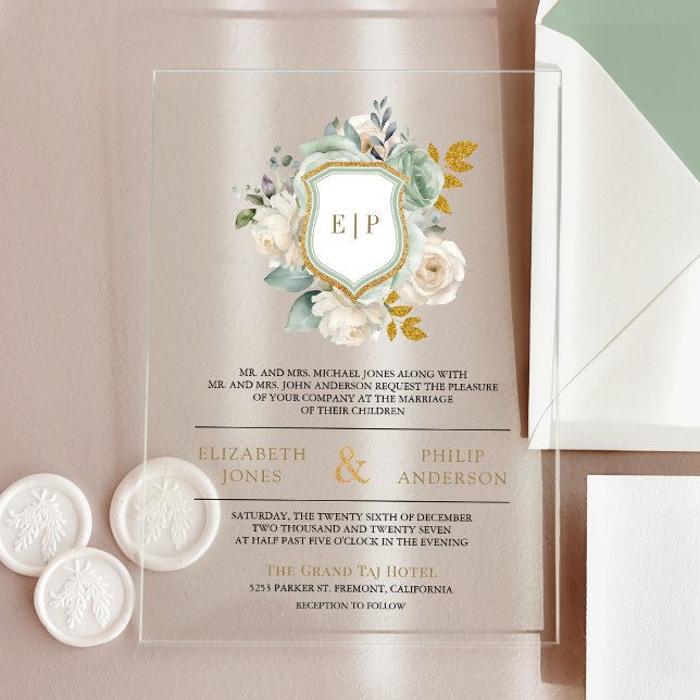Sage Green Ivory Floral Monogram Crest Wedding Acrylic Invitations (Creator Uploaded)