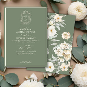 Sage Green & Ivory Floral Monogram Crest Wedding Invitation