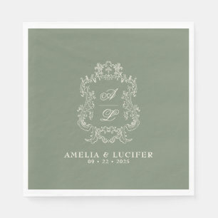 Sage Green & Ivory Floral Monogram Crest Wedding Napkin