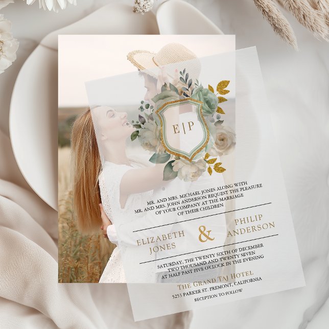 Sage Green Ivory Floral Monogram Crest Wedding Vellum Invitations (Creator Uploaded)