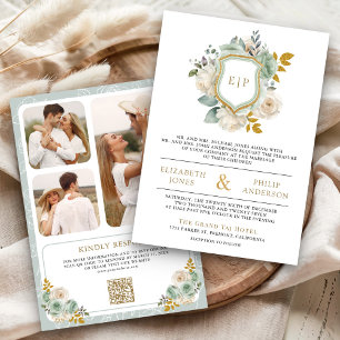 Sage Green Ivory Floral QR Code Crest Wedding Invitation