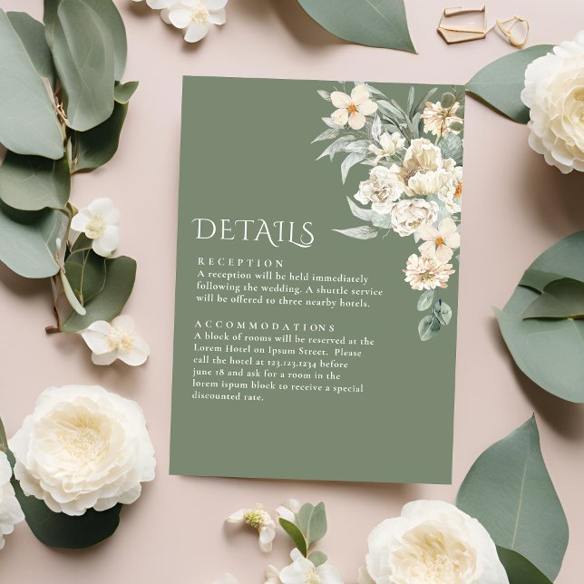 Sage Green Ivory Floral Rustic wedding Details Enclosure Card (Creator Uploaded)