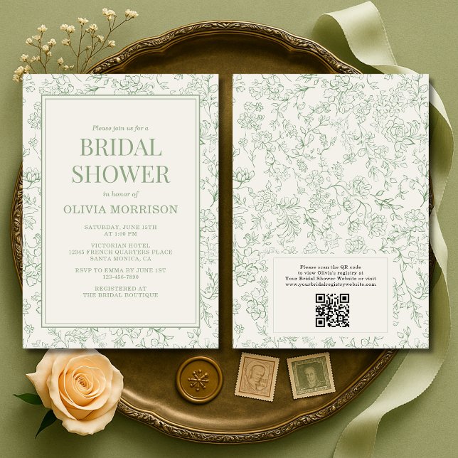 Sage Green Ivory French QR Code Bridal Shower Invitation (Creator Uploaded)