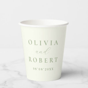 Sage Green Ivory Minimalist Wedding Monogram Paper Cups