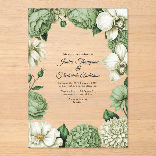 Sage Green & Ivory Modern Botanical Wedding Acrylic Invitations