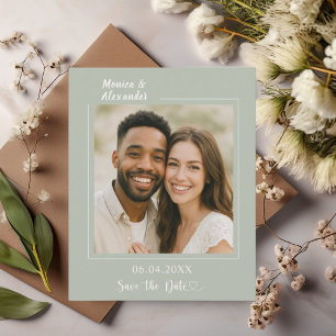 Sage green ivory photo wedding Save the Date card