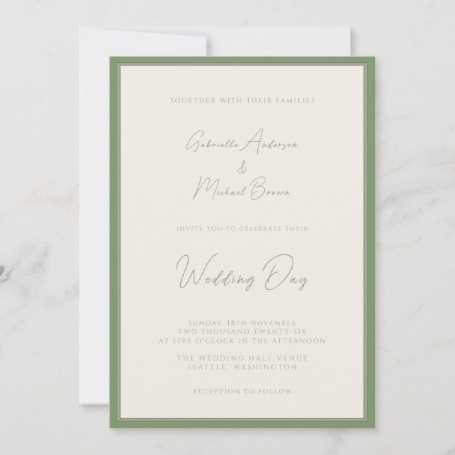 Sage Green Ivory Traditional Simple Wedding  Invitation (Front)