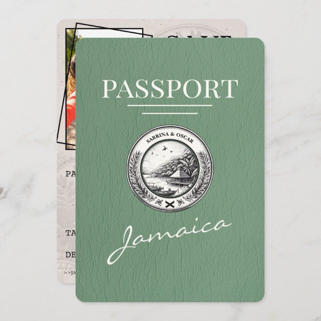 Sage Green Jamaica Passport Save The Date (Front/Back)
