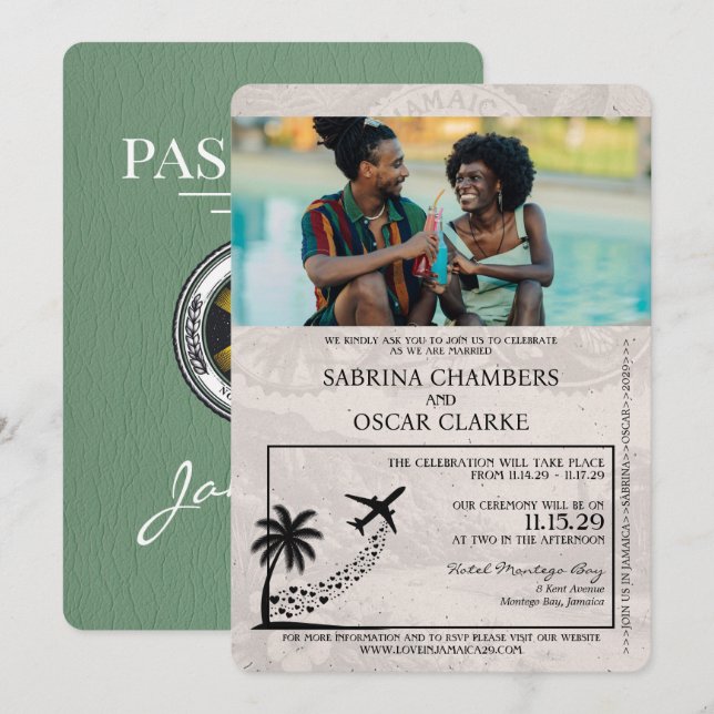 Sage Green Jamaica Passport Wedding Invitation (Front/Back)